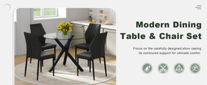 English Elm Table and Chair Set Round Tempered Glass Top X Base with Four Ergonomic Pu Seats Black, Transparent W1151S04242