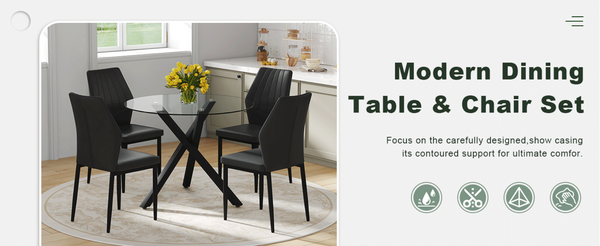 English Elm Table and Chair Set Round Tempered Glass Top X Base with Four Ergonomic Pu Seats Black, Transparent W1151S04242