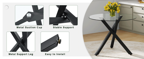 English Elm Table and Chair Set Round Tempered Glass Top X Base with Four Ergonomic Pu Seats Black, Transparent W1151S04242