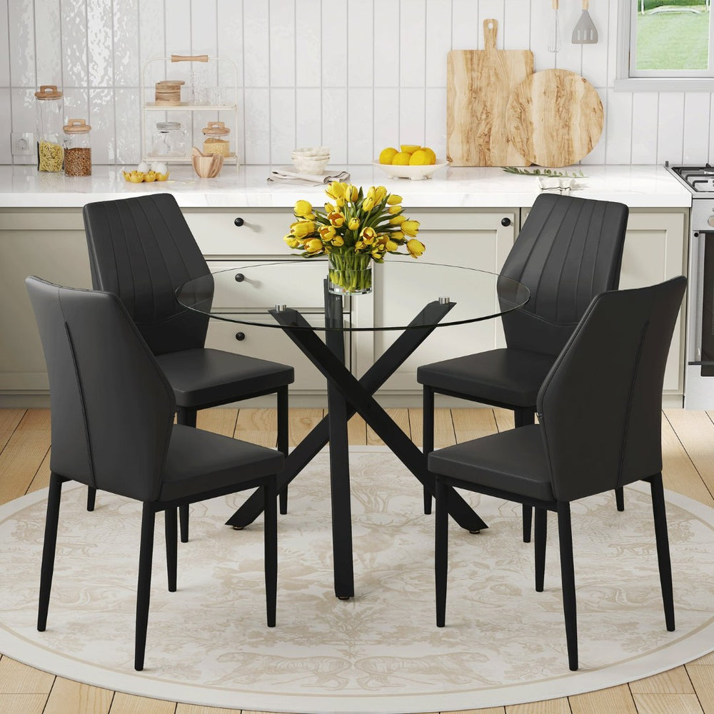 English Elm Table and Chair Set Round Tempered Glass Top X Base with Four Ergonomic Pu Seats Black, Transparent W1151S04242