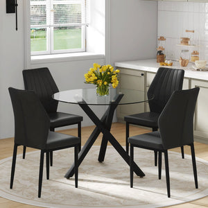 English Elm Table and Chair Set Round Tempered Glass Top X Base with Four Ergonomic Pu Seats Black, Transparent W1151S04242