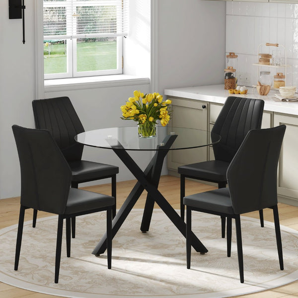 English Elm Table and Chair Set Round Tempered Glass Top X Base with Four Ergonomic Pu Seats Black, Transparent W1151S04242