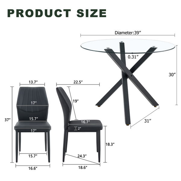 English Elm Table and Chair Set Round Tempered Glass Top X Base with Four Ergonomic Pu Seats Black, Transparent W1151S04242