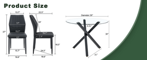 English Elm Table and Chair Set Round Tempered Glass Top X Base with Four Ergonomic Pu Seats Black, Transparent W1151S04242