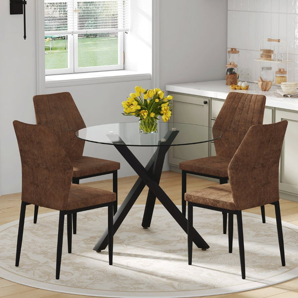 English Elm Table and Chair Set Round Glass Top with X Base Seats Four for Modern Dining Rooms W1151S04243