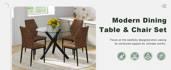 English Elm Table and Chair Set Round Glass Top with X Base Seats Four for Modern Dining Rooms W1151S04243