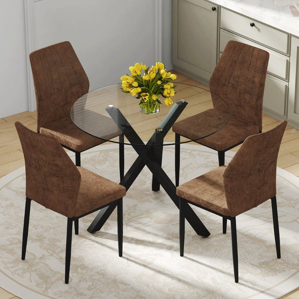 English Elm Table and Chair Set Round Glass Top with X Base Seats Four for Modern Dining Rooms W1151S04243