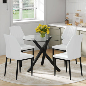 English Elm Table and Chair Set Round Tempered Glass Top X Base with Four Ergonomic Pu Seats Transparent, White+Black W1151S04244
