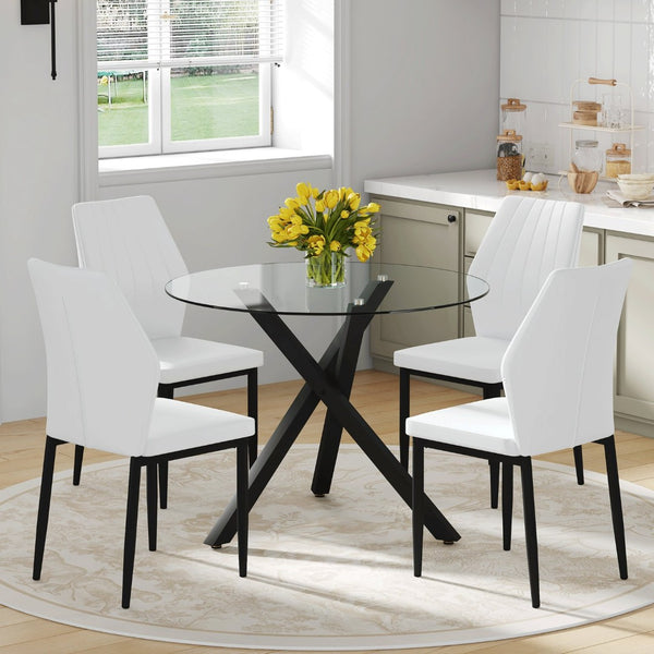 English Elm Table and Chair Set Round Tempered Glass Top X Base with Four Ergonomic Pu Seats Transparent, White+Black W1151S04244