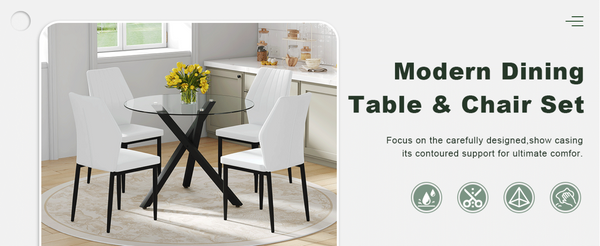 English Elm Table and Chair Set Round Tempered Glass Top X Base with Four Ergonomic Pu Seats Transparent, White+Black W1151S04244