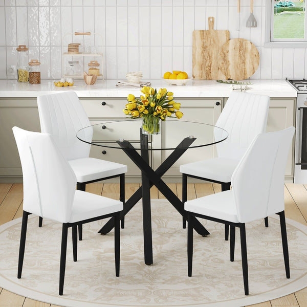 English Elm Table and Chair Set Round Tempered Glass Top X Base with Four Ergonomic Pu Seats Transparent, White+Black W1151S04244