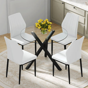 English Elm Table and Chair Set Round Tempered Glass Top X Base with Four Ergonomic Pu Seats Transparent, White+Black W1151S04244