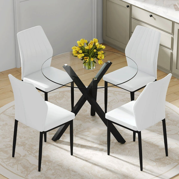 English Elm Table and Chair Set Round Tempered Glass Top X Base with Four Ergonomic Pu Seats Transparent, White+Black W1151S04244