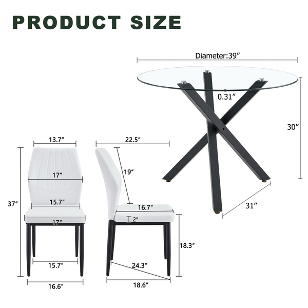English Elm Table and Chair Set Round Tempered Glass Top X Base with Four Ergonomic Pu Seats Transparent, White+Black W1151S04244