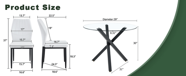 English Elm Table and Chair Set Round Tempered Glass Top X Base with Four Ergonomic Pu Seats Transparent, White+Black W1151S04244