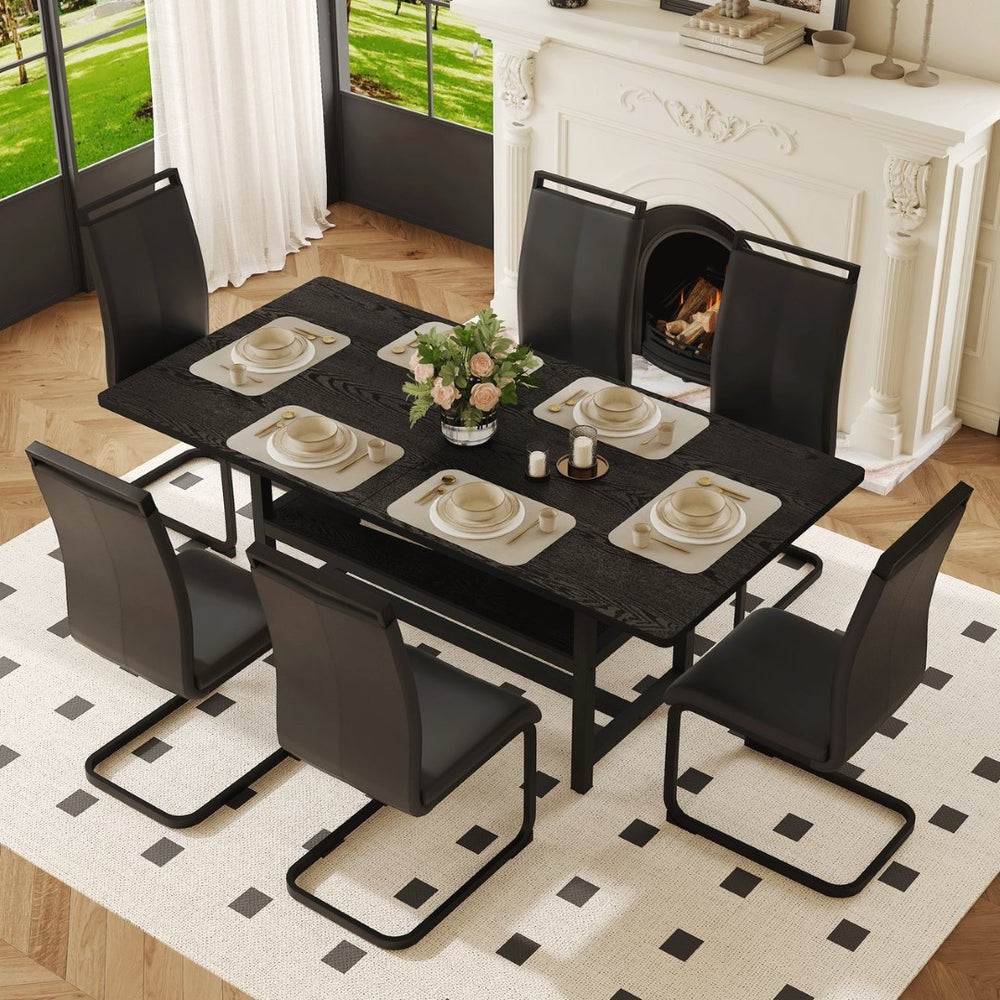 English Elm Table and Chair Set Seats Six with Built-in Shelf Black Grain Mdf and Pu Cushioned W1151S04247
