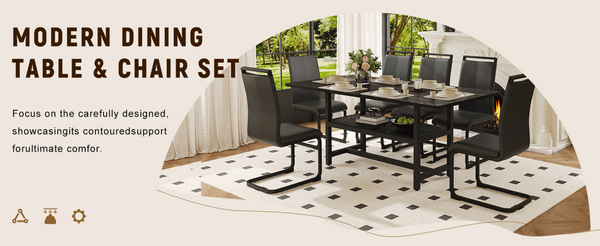English Elm Table and Chair Set Seats Six with Built-in Shelf Black Grain Mdf and Pu Cushioned W1151S04247