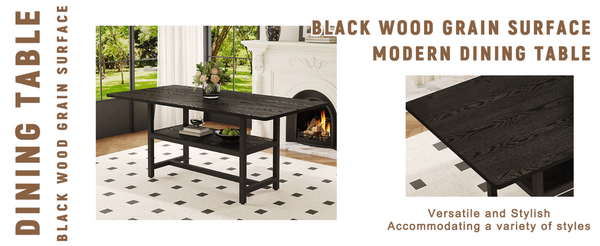 English Elm Table and Chair Set Seats Six with Built-in Shelf Black Grain Mdf and Pu Cushioned W1151S04247