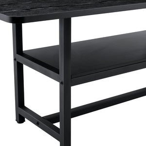English Elm Table and Chair Set Seats Six with Built-in Shelf Black Grain Mdf and Pu Cushioned W1151S04247