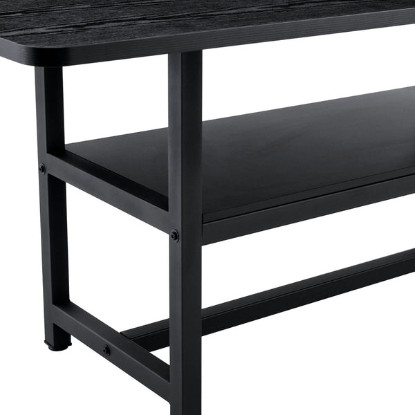 English Elm Table and Chair Set Seats Six with Built-in Shelf Black Grain Mdf and Pu Cushioned W1151S04247