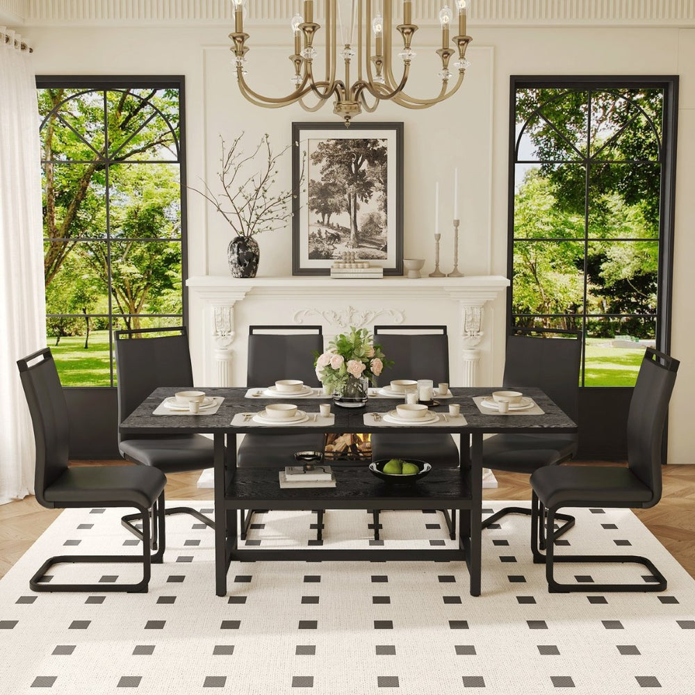 English Elm Table and Chair Set Seats Six with Built-in Shelf Black Grain Mdf and Pu Cushioned W1151S04247