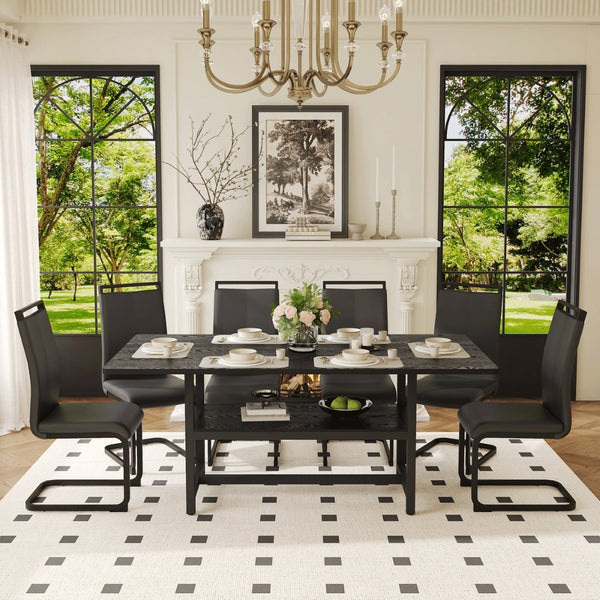 English Elm Table and Chair Set Seats Six with Built-in Shelf Black Grain Mdf and Pu Cushioned W1151S04247