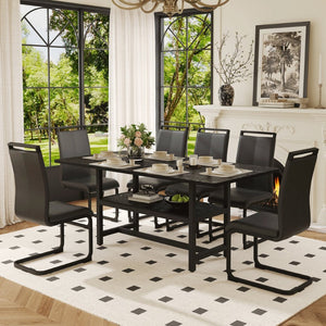 English Elm Table and Chair Set Seats Six with Built-in Shelf Black Grain Mdf and Pu Cushioned W1151S04247