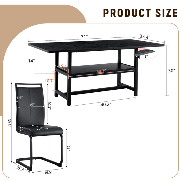 English Elm Table and Chair Set Seats Six with Built-in Shelf Black Grain Mdf and Pu Cushioned W1151S04247