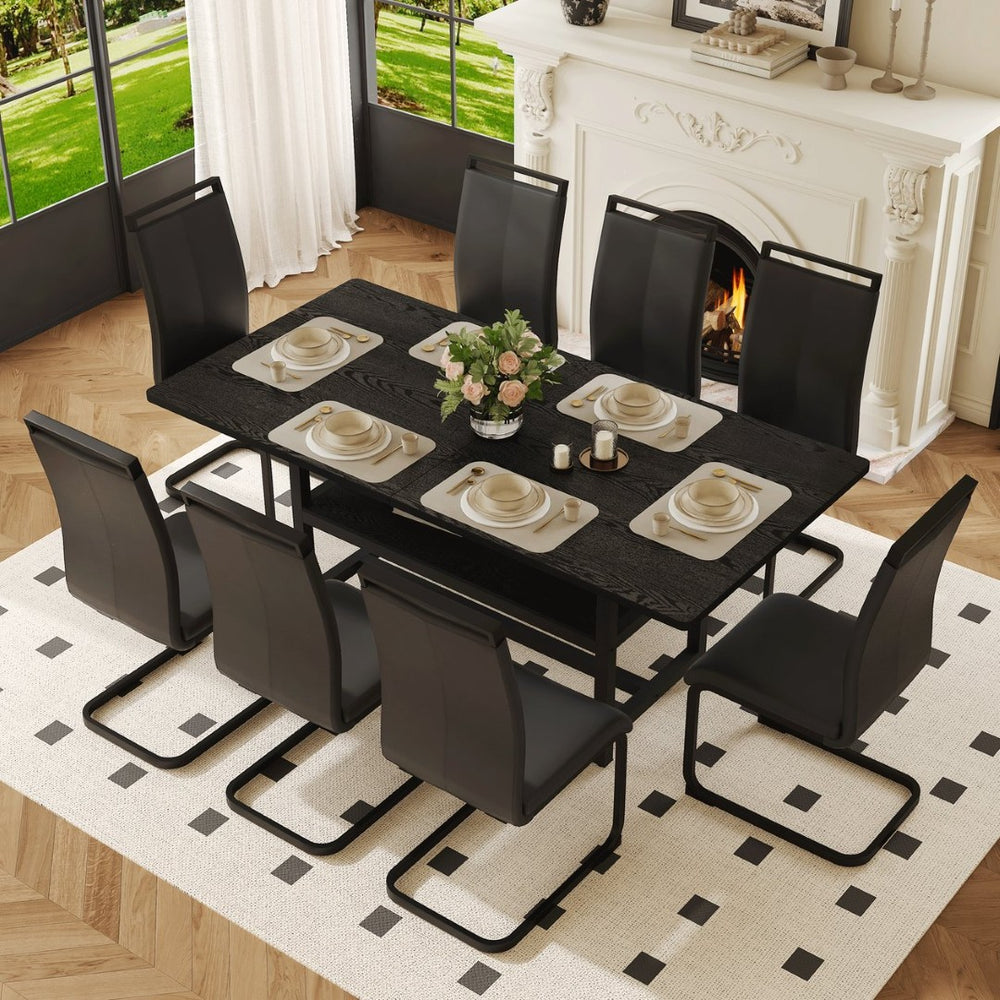 English Elm Table and Chair Set Seats Eight with Built-in Shelf Mdf Spliced Top Pu Leather W1151S04248