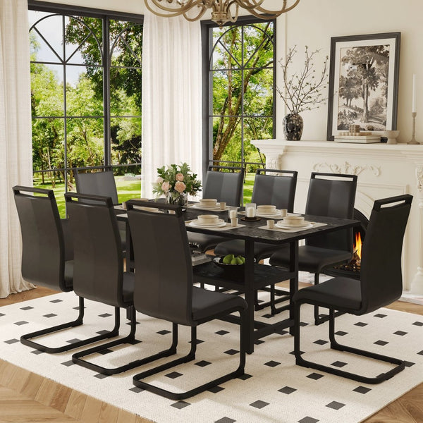 English Elm Table and Chair Set Seats Eight with Built-in Shelf Mdf Spliced Top Pu Leather W1151S04248