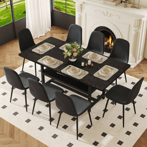 English Elm Table and Chair Set Seats Eight with Storage Shelf Black Grain Mdf Linen Dining W1151S04254