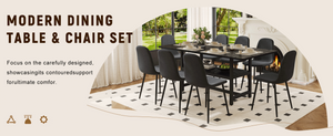 English Elm Table and Chair Set Seats Eight with Storage Shelf Black Grain Mdf Linen Dining W1151S04254