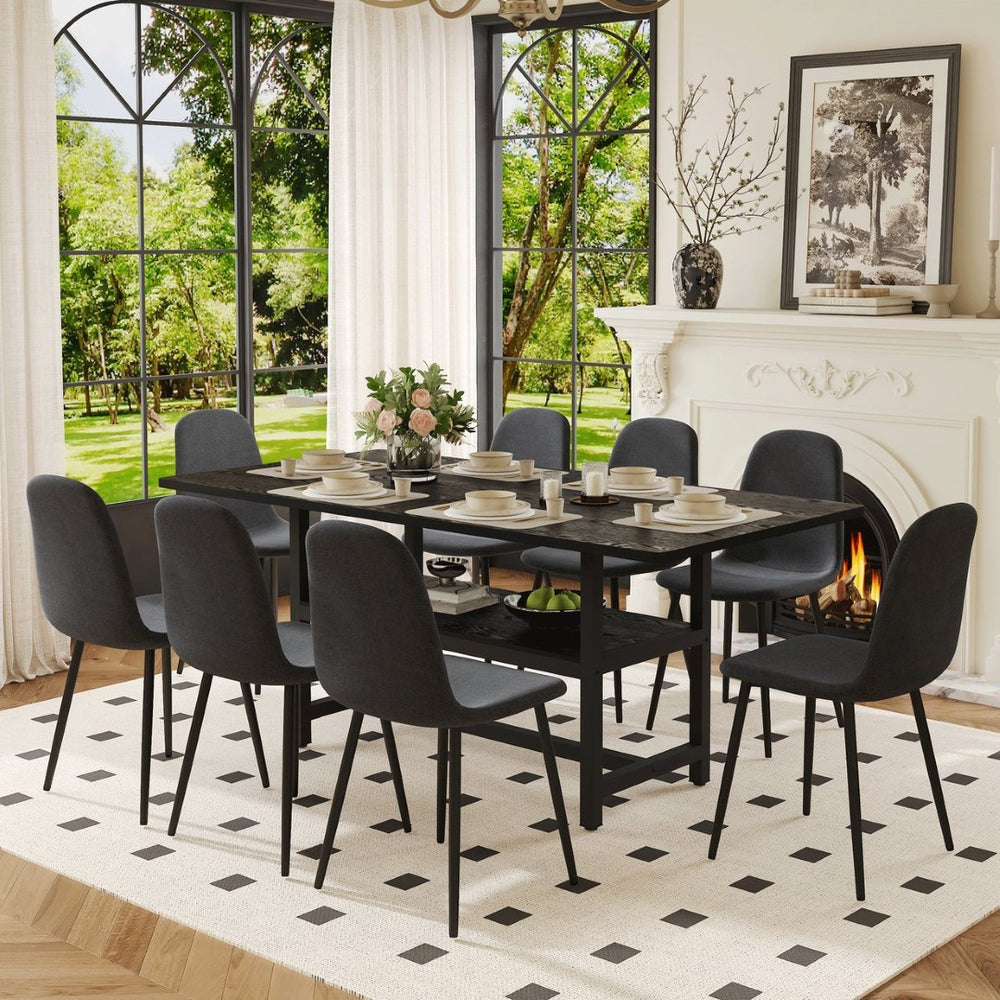 English Elm Table and Chair Set Seats Eight with Storage Shelf Black Grain Mdf Linen Dining W1151S04254