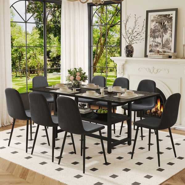 English Elm Table and Chair Set Seats Eight with Storage Shelf Black Grain Mdf Linen Dining W1151S04254