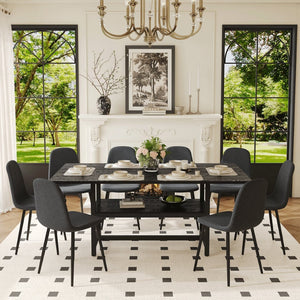 English Elm Table and Chair Set Seats Eight with Storage Shelf Black Grain Mdf Linen Dining W1151S04254