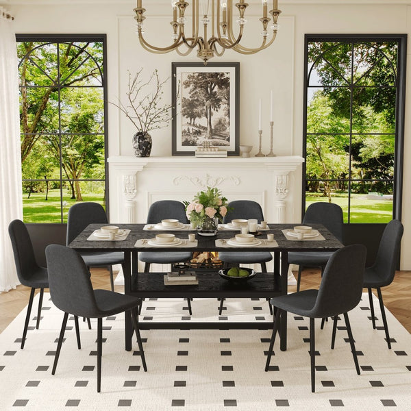 English Elm Table and Chair Set Seats Eight with Storage Shelf Black Grain Mdf Linen Dining W1151S04254