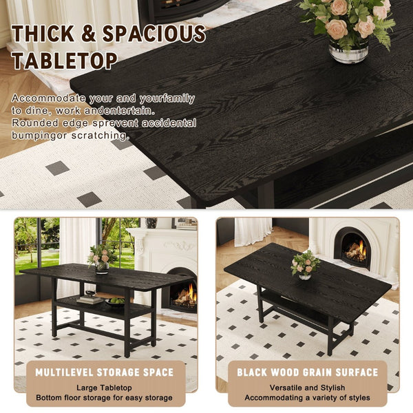 English Elm Table and Chair Set Seats Eight with Storage Shelf Black Grain Mdf Linen Dining W1151S04254