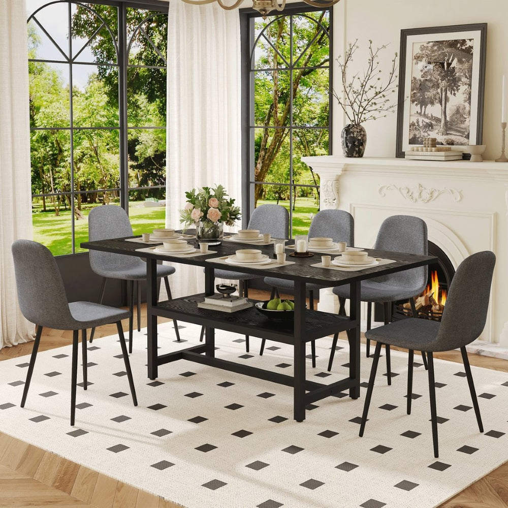 English Elm Table and Chair Set Seats 6 with Mdf Spliced Top Built-in Shelf Gray Linen Chairs W1151S04257