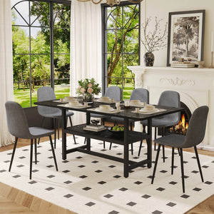 English Elm Table and Chair Set Seats 6 with Mdf Spliced Top Built-in Shelf Gray Linen Chairs W1151S04257
