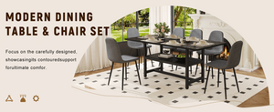 English Elm Table and Chair Set Seats 6 with Mdf Spliced Top Built-in Shelf Gray Linen Chairs W1151S04257