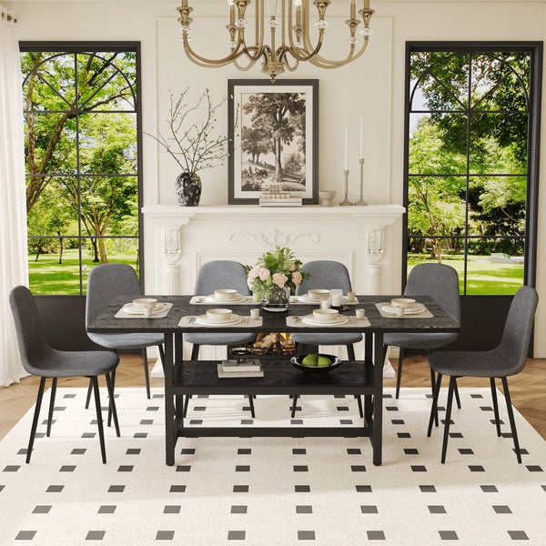 English Elm Table and Chair Set Seats 6 with Mdf Spliced Top Built-in Shelf Gray Linen Chairs W1151S04257