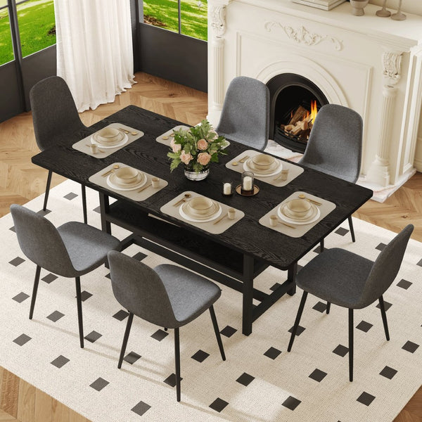 English Elm Table and Chair Set Seats 6 with Mdf Spliced Top Built-in Shelf Gray Linen Chairs W1151S04257