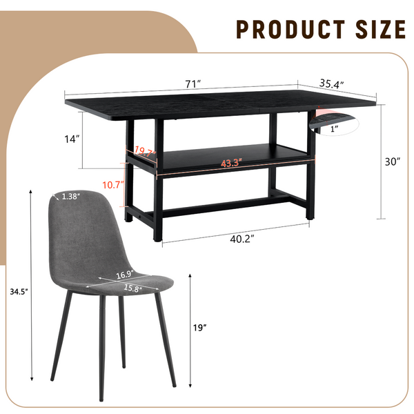 English Elm Table and Chair Set Seats 6 with Mdf Spliced Top Built-in Shelf Gray Linen Chairs W1151S04257