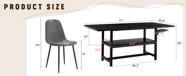 English Elm Table and Chair Set Seats 6 with Mdf Spliced Top Built-in Shelf Gray Linen Chairs W1151S04257