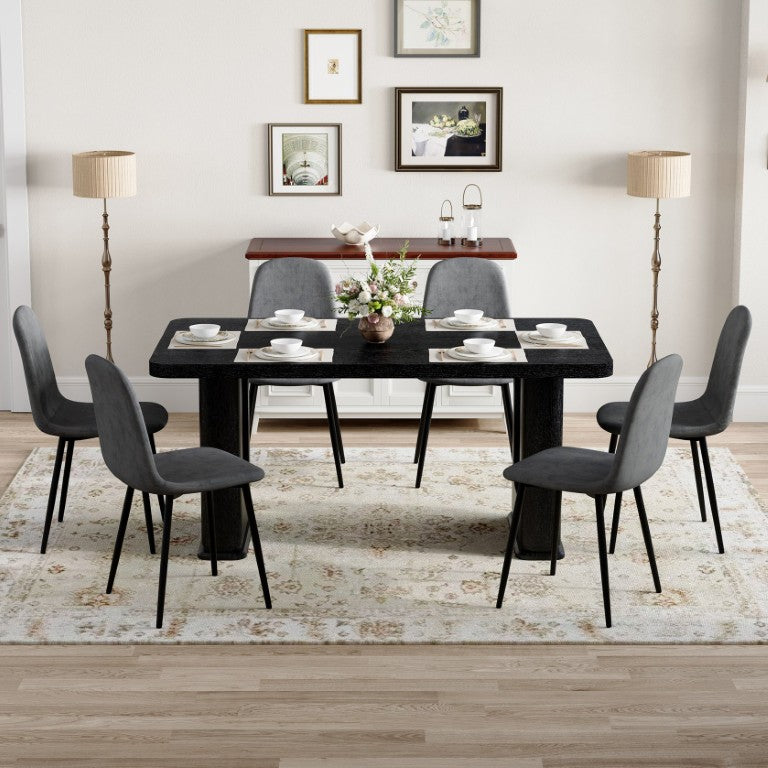 English Elm Table and Chair Set Six Seat Contemporary Dining with Glass Accent Legs and Linen Upholstery W1151S04319