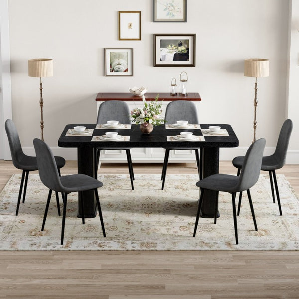 English Elm Table and Chair Set Six Seat Contemporary Dining with Glass Accent Legs and Linen Upholstery W1151S04319