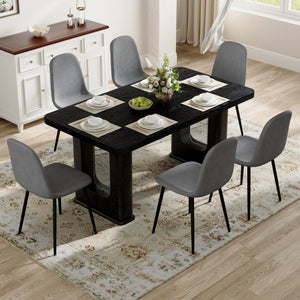 English Elm Table and Chair Set Six Seat Contemporary Dining with Glass Accent Legs and Linen Upholstery W1151S04319