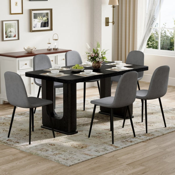 English Elm Table and Chair Set Six Seat Contemporary Dining with Glass Accent Legs and Linen Upholstery W1151S04319
