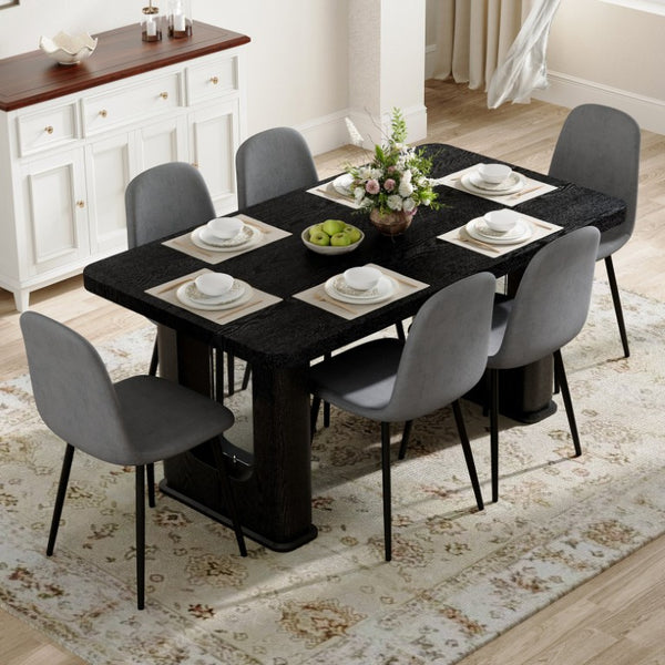 English Elm Table and Chair Set Six Seat Contemporary Dining with Glass Accent Legs and Linen Upholstery W1151S04319