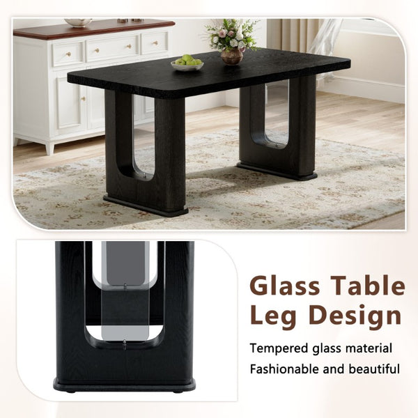 English Elm Table and Chair Set Six Seat Contemporary Dining with Glass Accent Legs and Linen Upholstery W1151S04319